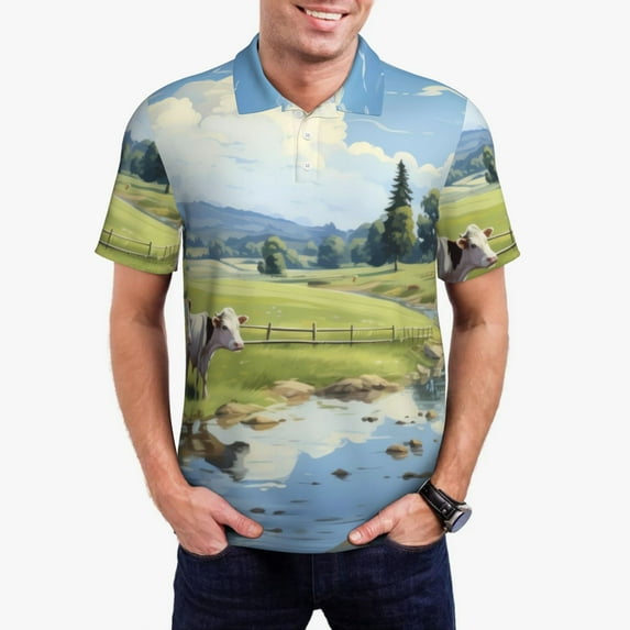 Rateoe Pasture Cow Pattern Men's Short Sleeve Polo Shirts, Golf Polo Shirts Short Sleeve Performance Moisture Wicking Dry-Large