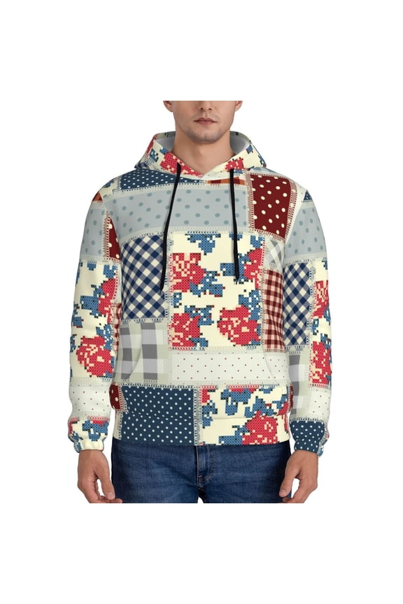 Patchwork In Country Style Pattern Mens Hoodie, Pullover Hooded Sweatshirt, Kangaroo Pocket Hoodie Ideal for Daily Wear, Travel and Home-XX-Large
