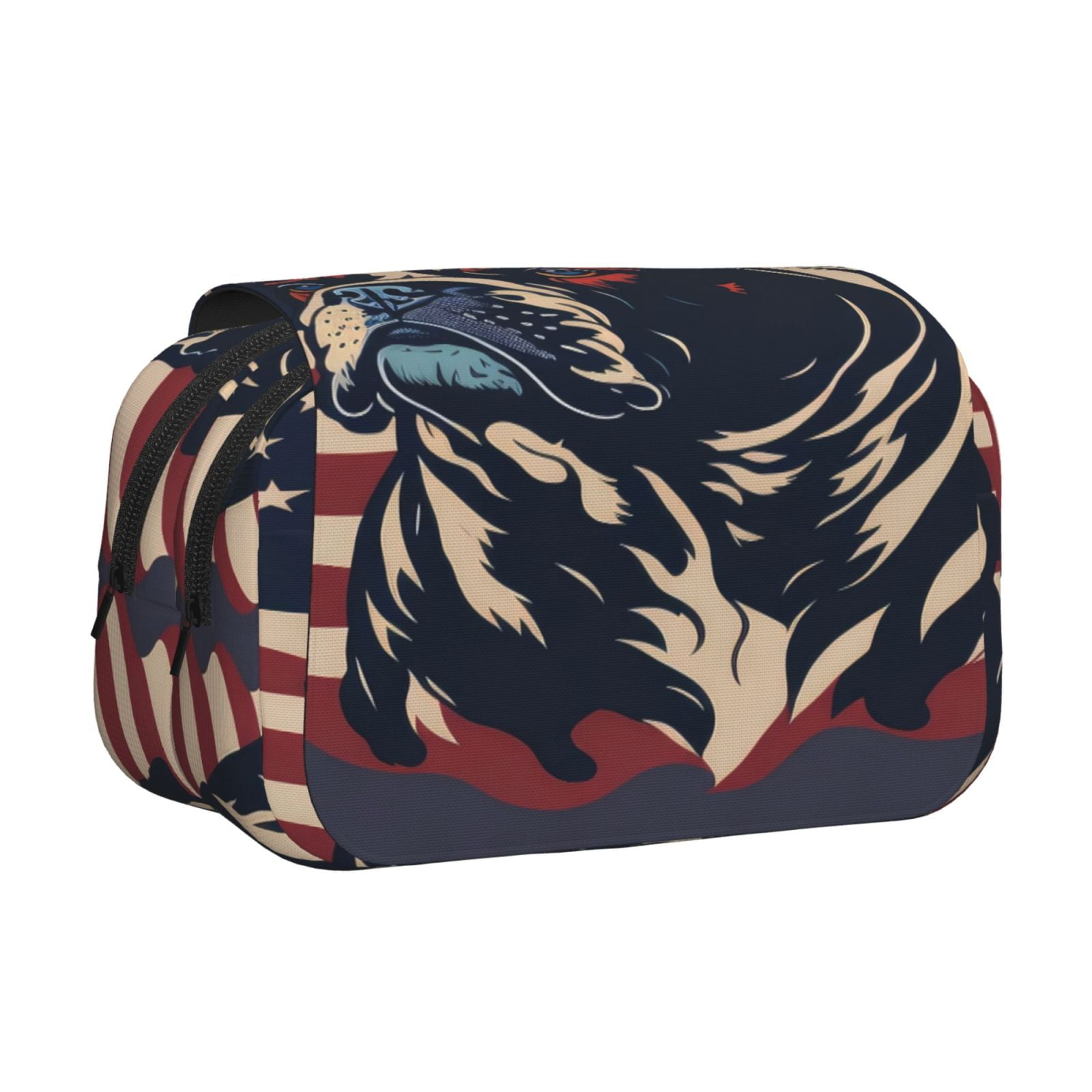 Rateoe Patriotic Bulldog Art Pattern Double Clamshell Pen Case, Storage Organizer with Two Zipper Compartments– Holds Up to 50 Pencils & Pens