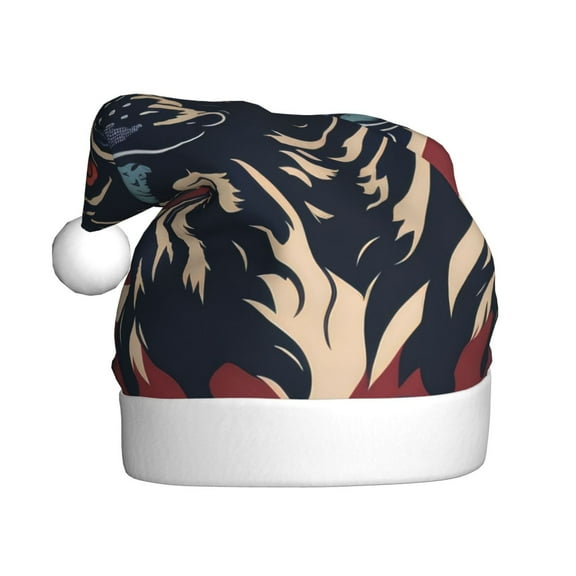 Rateoe Patriotic Bulldog Art Pattern Santa Hat Christmas Hats for Adults, Holiday Unisex Velvet Comfort Xmas Hat for Women Men