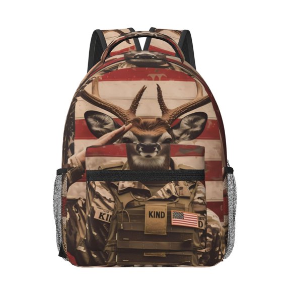 Rateoe Patriotic Deer Soldier Salute Pattern Durable Student Backpack Laptop Bag- Ergonomic Design, Waterproof Twill Fabric - Ideal for School, Travel, and Outdoor Activities-One Size