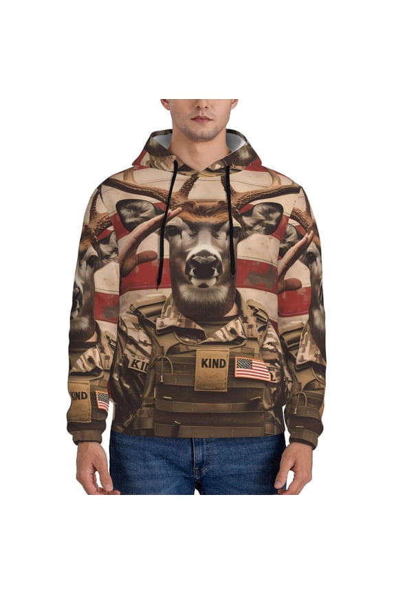 Patriotic Deer Soldier Salute Pattern Mens Hoodie, Pullover Hooded Sweatshirt, Kangaroo Pocket Hoodie Ideal for Daily Wear, Travel and Home-