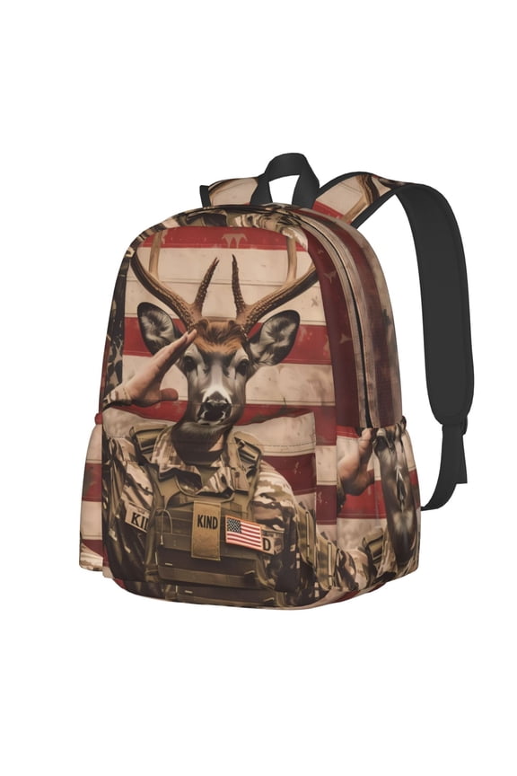 Patriotic Deer Soldier Salute Pattern Student Backpack,Backpack for School,Lightweight Bag,Travel Backpack,Outdoor Backpack,Large Capacity Backpack