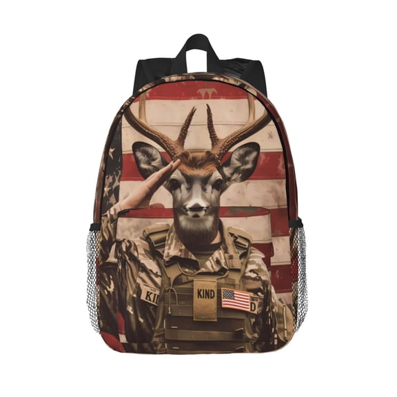 Rateoe Patriotic Deer Soldier Salute Pattern Student Backpack Water-resistant Backpack 15-inch Laptop Backpack Lightweight Adjustable School Backpack