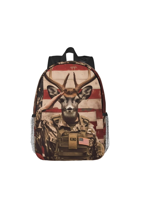 Patriotic Deer Soldier Salute Pattern Student Backpack Water-resistant Backpack 15-inch Laptop Backpack Lightweight Adjustable School Backpack