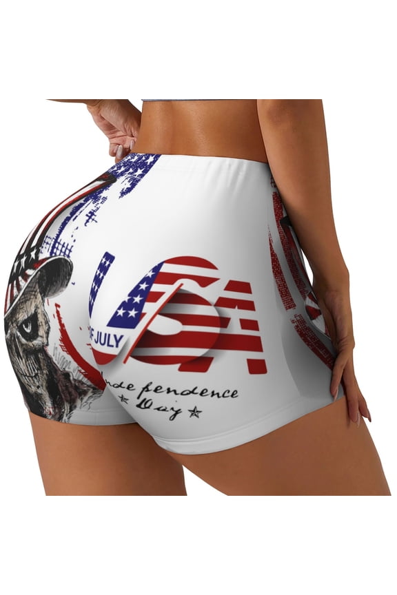 Patriotic Skull Art Printed Power Workout Shorts for Women Tummy Control Squat Proof Ribbed Thick Seamless Scrunch Active Short-Medium