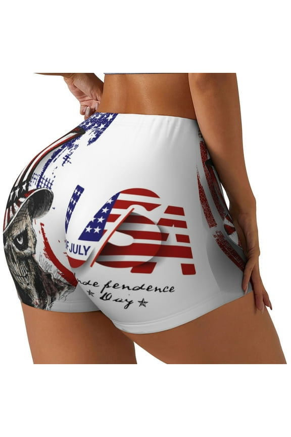 Patriotic Skull Art Printed Power Workout Shorts for Women Tummy Control Squat Proof Ribbed Thick Seamless Scrunch Active Short-Small