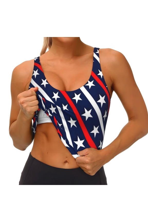 Patriotic Star Print Womens' Sports Bras Scoop Neck Sports Vest- Padded U Back Seamless High Impact Support
