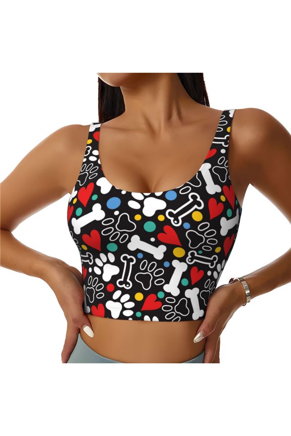 Paw And Bones Print Womens' Sports Bras Scoop Neck Sports Vest- Padded U Back Seamless High Impact Support-Medium