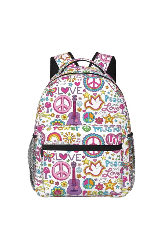 Peace Love and Dove Flower Power Pattern Casual Backpack for School, Work, Travel  Adjustable Straps, Multiple Compartments  Ergonomic Design, Fits Laptops and Tablets