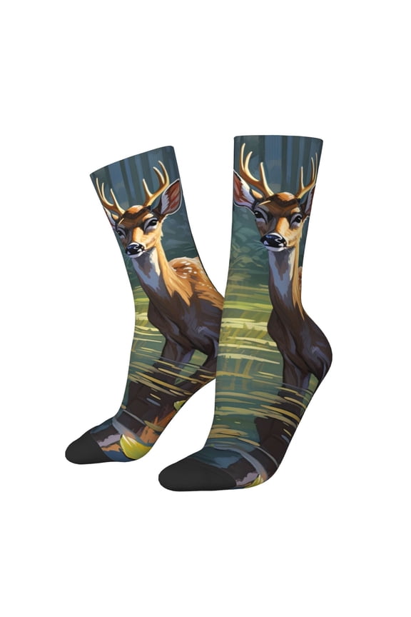 Peaceful Deer Lily Pond for Women Casual Calf Socks - Cute Crew Socks - Thin Soft Above Ankle Socks Size 5-11