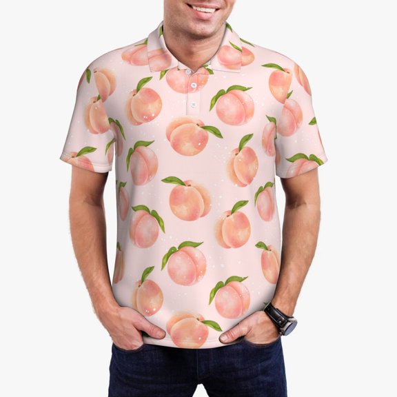 Rateoe Peach With Leaves Pattern Men's Short Sleeve Polo Shirts, Golf Polo Shirts Short Sleeve Performance Moisture Wicking Dry-4X-Large