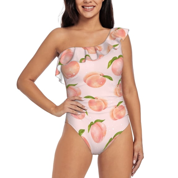Rateoe Peach With Leaves Pattern Women One Piece Swimsuits Tummy Control One Shoulder Bathing Suits Ruffle Swimwear-