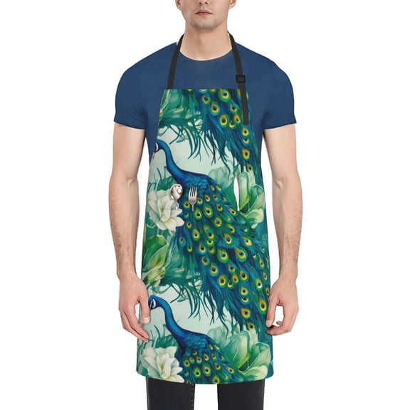Rateoe Peacock And Flowers Aprons with Pocket,Men Womens Aprons Waterproof Adjustable Cooking Aprons for Kitchen Gardening and Salon