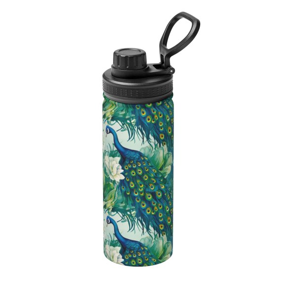 Rateoe Peacock And Flowers Printed 18oz Sports Insulated Water Bottle, Double-Wall Stainless Steel Kettle with Leak-Proof Cap and Carry Loop, BPA-Free for Outdoor, Gym, Camping, and Travel