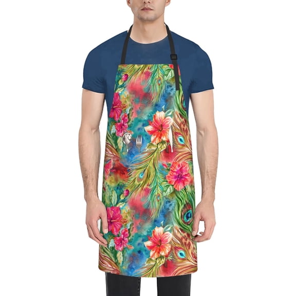 Rateoe Peacock Feathers And Flowers Aprons with Pocket,Men Womens Aprons Waterproof Adjustable Cooking Aprons for Kitchen Gardening and Salon