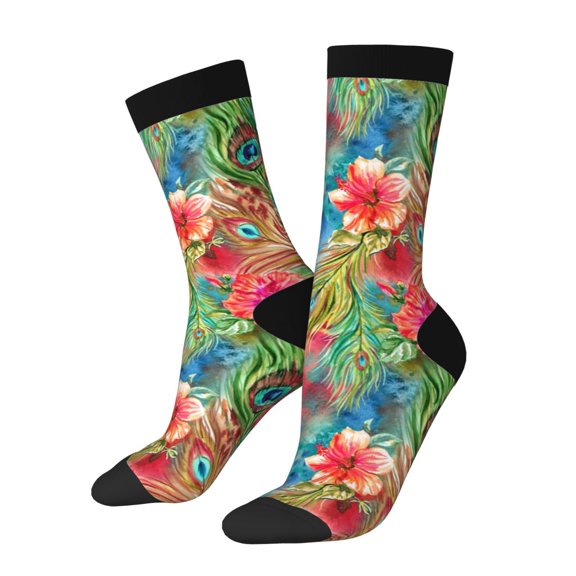 Rateoe Peacock Feathers And Flowers for Women Casual Calf Socks - Cute Crew Socks - Thin Soft Above Ankle Socks Size 5-11