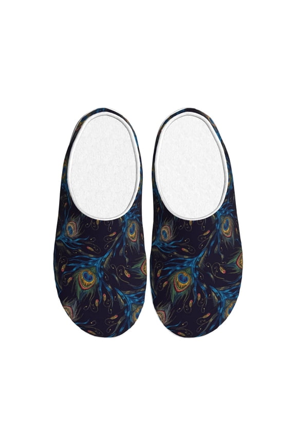 Peacock Feathers Print Women's Men's Cotton Knit Slippers Lightweight Memory Foam Indoor House Shoes with Anti-Skid Sole-42/43