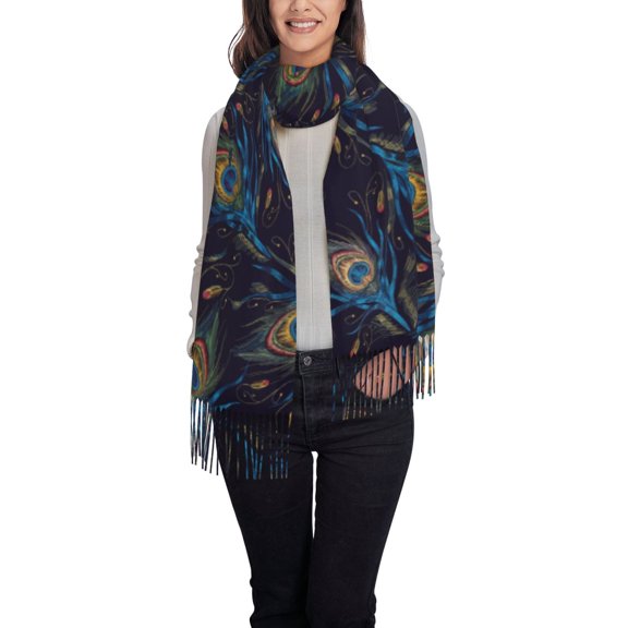 Rateoe Peacock Feathers Women's Traditional Scarf Wrap Tassel Shawl Fringes Neck Head Shawl Retro Scarf