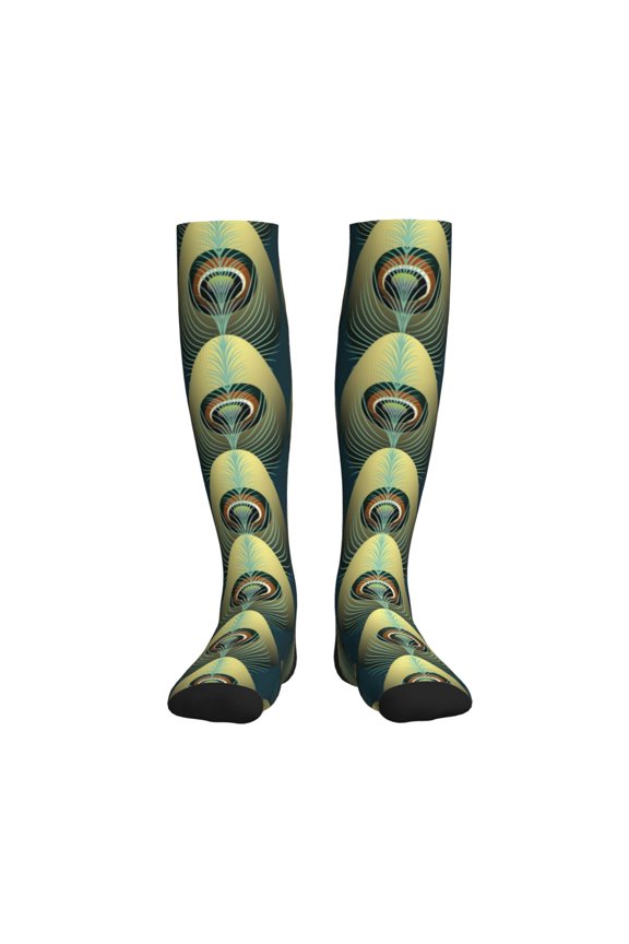 Peacock Gold Feather Compression Socks for Women and Men 20-30mmHg-Circulation Support Socks Knee High Nurse Pregnant Running Medical and Travel Athletic