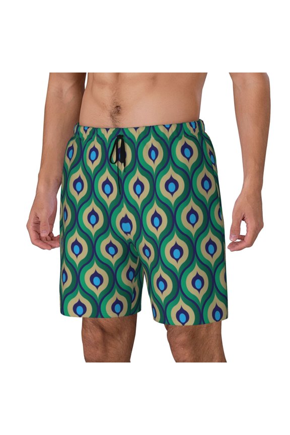 Peacock'S Tail Pattern Men’s Swim Shorts with Compression Liner – Double-Layered Quick-Dry Swimwear, Comfortable & Stretchy Beach Shorts-Large