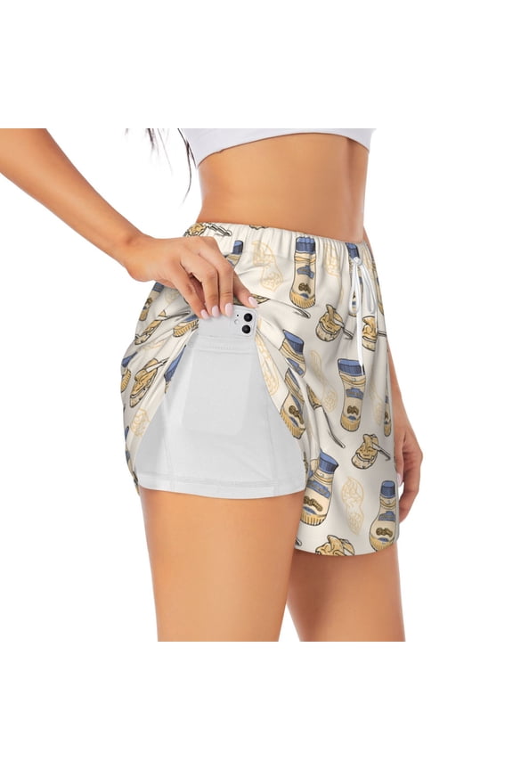 Peanuts Printed 2 in 1 Women's Workout Shorts for Athletic Gym Running Shorts with Phone Pockets-XX-Large