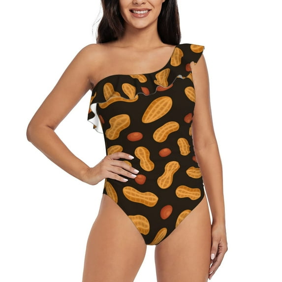 Rateoe Peanuts5 Pattern Women One Piece Swimsuits Tummy Control One Shoulder Bathing Suits Ruffle Swimwear-Small