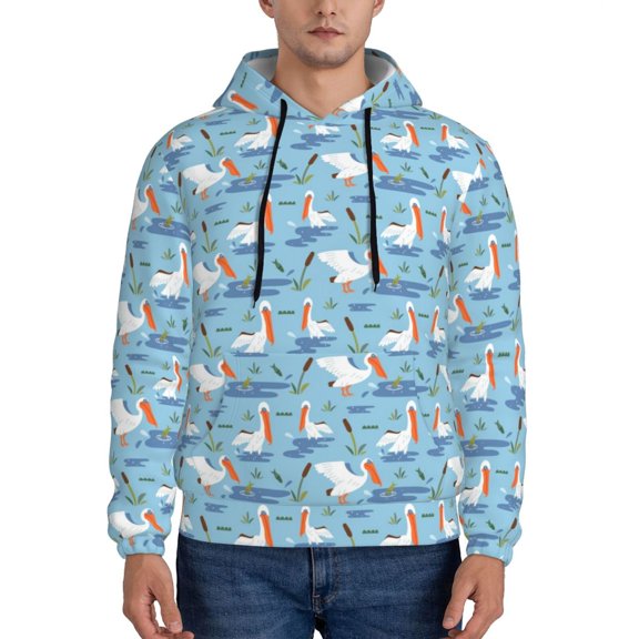 Rateoe Pelican Reed And Fish Pattern Mens Hoodie, Pullover Hooded Sweatshirt, Kangaroo Pocket Hoodie Ideal for Daily Wear, Travel and Home-3X-Large