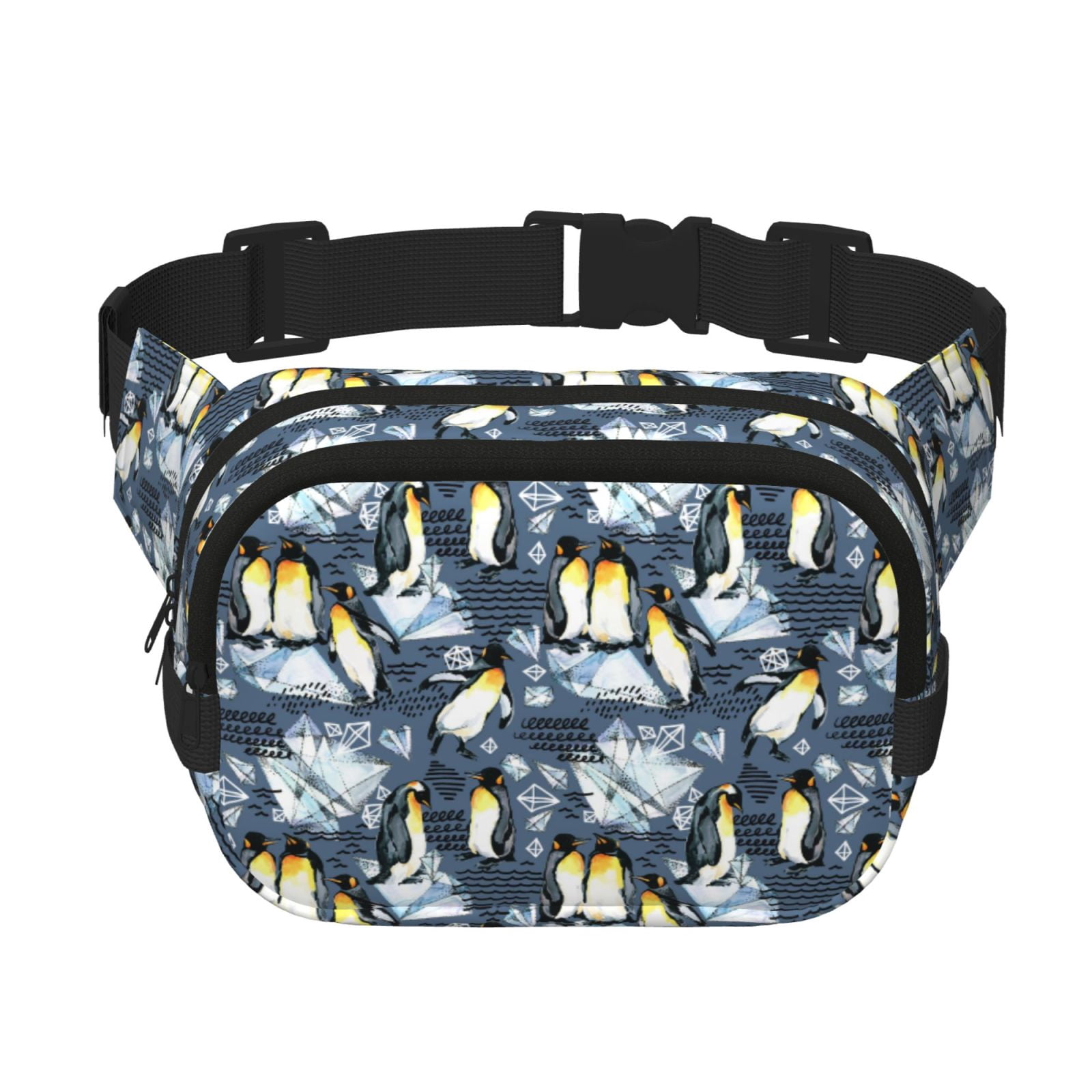 Rateoe Penguin Arctic Adventure Print Fanny Pack Belt Bag for Women and Men, Square Double-Layer Waterproof Waist Pack with Adjustable Strap for Hiking, Jogging, Cycling