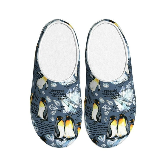 Rateoe Penguin Arctic Adventure Print Women's Men's Cotton Knit Slippers Lightweight Memory Foam Indoor House Shoes with Anti-Skid Sole-42/43