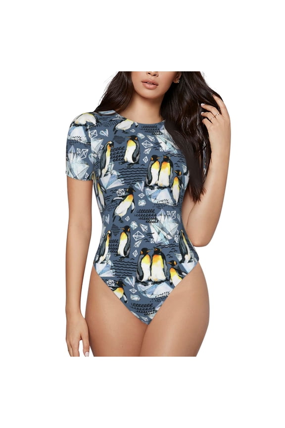 Penguin Arctic Adventure Printed Women Rash Guard Short Sleeve,Tummy control Swimsuit Surfing Swimsuit Bathing Suit Short-sleeved Onesie UPF 50+ -