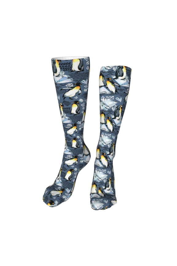 Penguin Arctic Adventure print Women's Men's Novelty 20in Crew Socks Cotton Socks Knee High Socks for Walking,Running,Nurses,Pregnancy-One Size