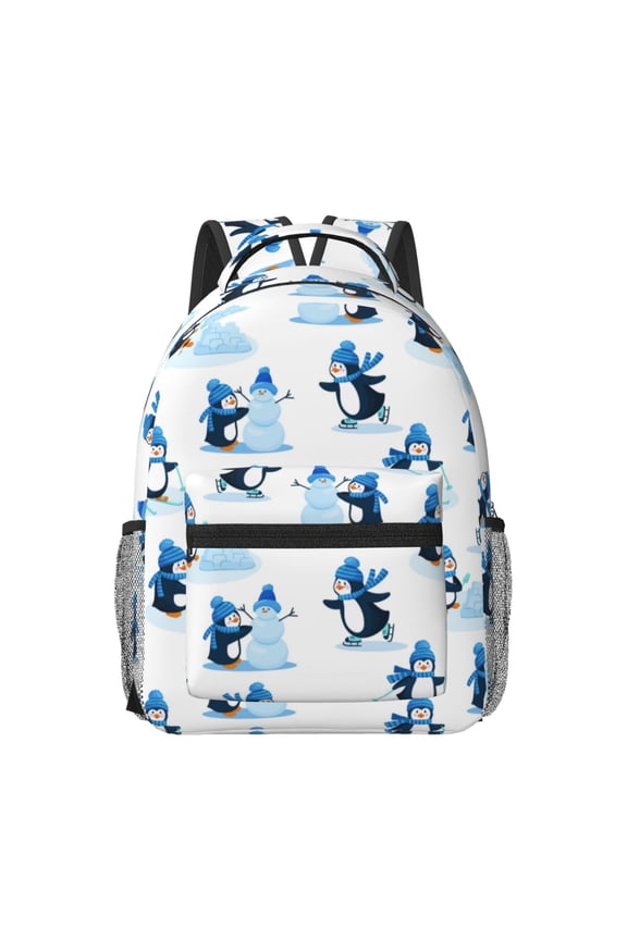 Penguin Winter Fun Pattern Durable Student Backpack Laptop Bag- Ergonomic Design, Waterproof Twill Fabric - Ideal for School, Travel, and Outdoor Activities-One Size