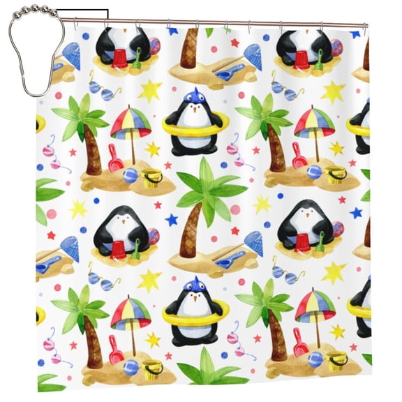 Rateoe Penguins On The Beach Shower Curtain - Fancy Bathroom Shower Curtain Sets - Waterproof Shower Curtain with Hooks with 12 Plastic Hooks 72x72 Inches