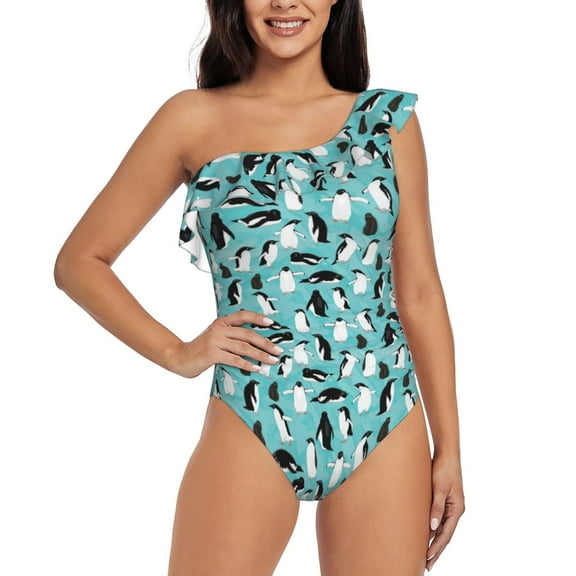 Rateoe Penguins Pattern Women One Piece Swimsuits Tummy Control One Shoulder Bathing Suits Ruffle Swimwear-Medium