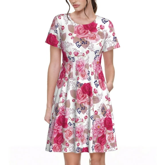 Rateoe Peonies And Roses Pattern Women’s Short Sleeve Dress – Casual Elegant Summer A-Line Dress for Everyday Wear