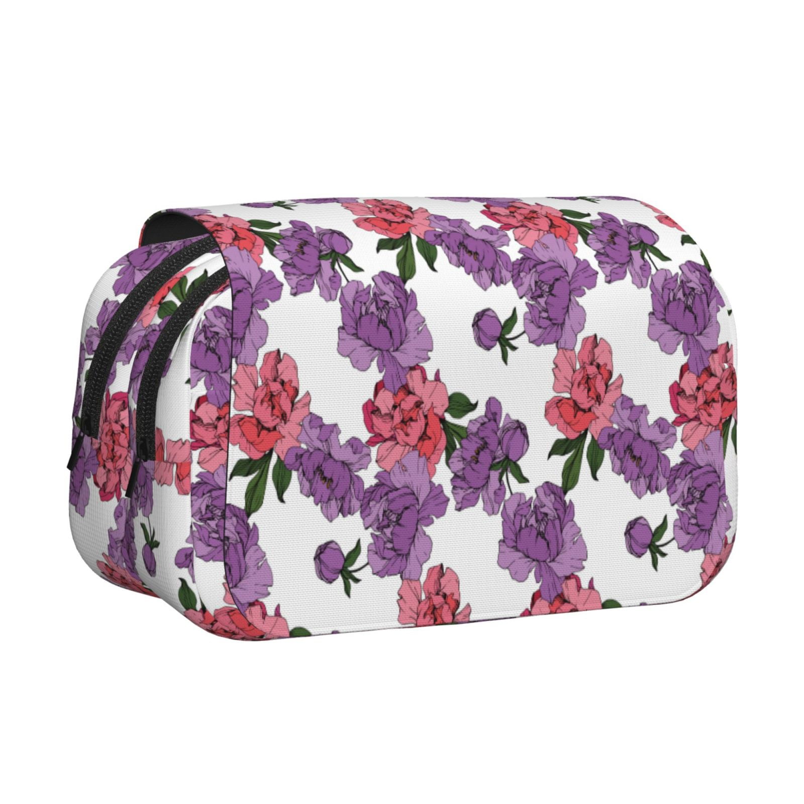 Rateoe Peonies Pattern Double Clamshell Pen Case, Storage Organizer with Two Zipper Compartments– Holds Up to 50 Pencils & Pens