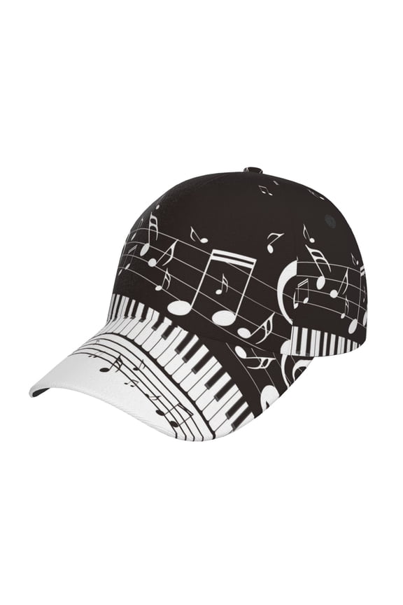 Piano Keys With Musical Notes Pattern Mens Baseball Cap  Adjustable Curved Brim Hat, Soft Cotton Sports Cap for Outdoor, Casual, and Everyday Wear, Comfortable & Breathable
