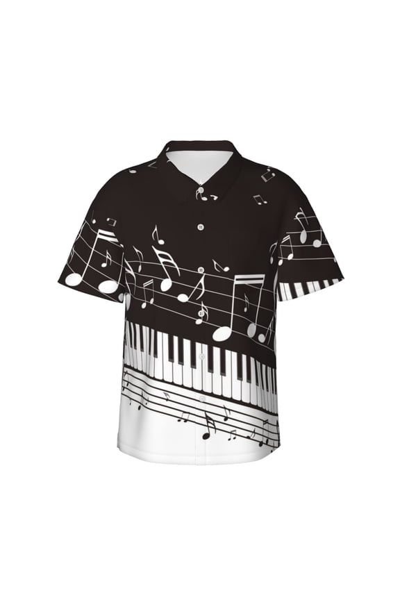Piano Keys With Musical Notes Pattern Men’s Hawaiian Shirt – Short Sleeve Button-Down Tropical Beach Shirt, Lightweight & Breathable Casual Aloha Shirt with Pocket,