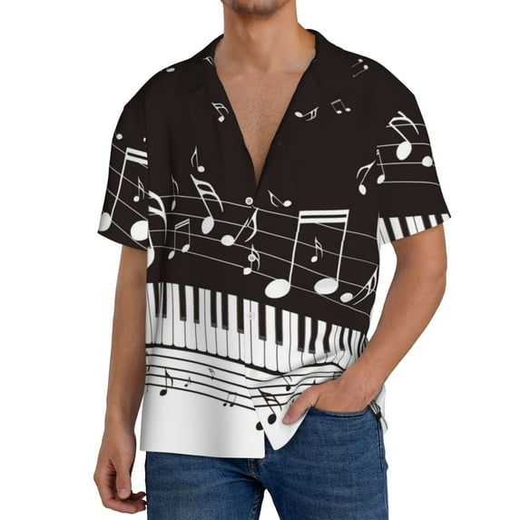 Rateoe Piano Keys With Musical Notes Pattern Men's Short Sleeve Classic Shirt, Casual Short-Sleeved Shirt, Lightweight Summer Shirt, Cuban Collar Shirt,Button-Front Shirt-Medium