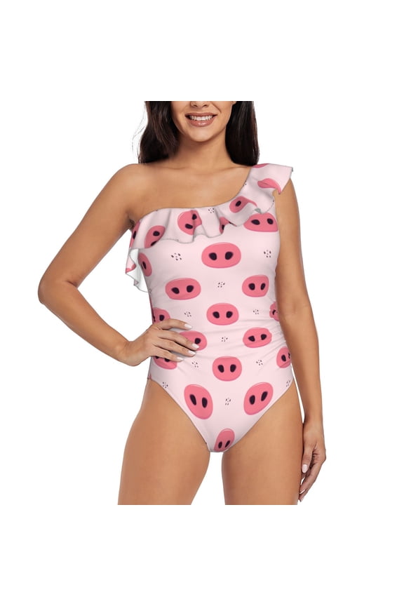 Pig Noses Pattern Women One Piece Swimsuits Tummy Control One Shoulder Bathing Suits Ruffle Swimwear-X-Large