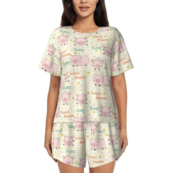 Rateoe Pigs Sleep Pattern Women's Short-Sleeved Pajama Set - 2 Piece Soft and Lightweight Sleepwear Set-Medium