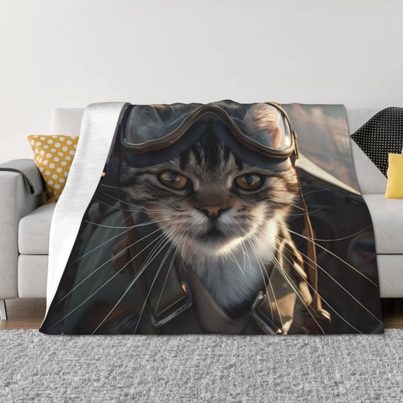 Rateoe Pilot Cat In Vintage Plane Pattern Flannel Throw Blanket, Ultra-soft Blanket for Bed, Couch, Car, Hypoallergenic Anti-pilling blanket-
