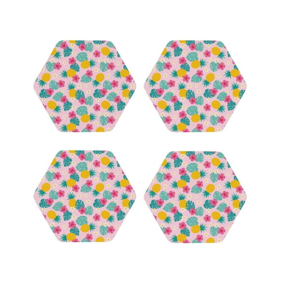 Rateoe Pineapple And Leaves Drawing Drink Coasters Set of 4 Leather Coasters Spill Protection for Table Desk,Durable and Non Slip Leather Coaster ,4 Inches Drink Mats-Hexagon