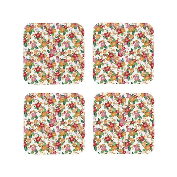 Rateoe Pineapple Flower Drawing Drink Coasters Set of 4 Leather Coasters Spill Protection for Table Desk,Durable and Non Slip Leather Coaster ,4 Inches Drink Mats-Square