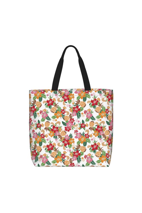 Pineapple Flower Print Lightweight Tote Bag for Women, Water-Resistant Shoulder Bag with Zipper, Spacious Casual Handbag for Work, School, Shopping