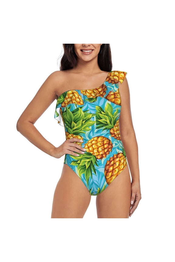 Pineapple Pattern Women One Piece Swimsuits Tummy Control One Shoulder Bathing Suits Ruffle Swimwear-Medium