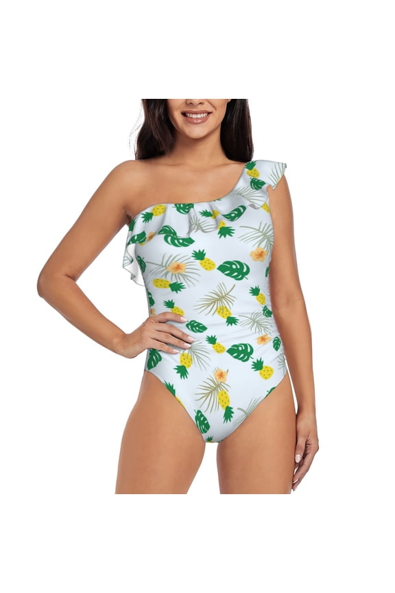 Pineapple Pattern Women One Piece Swimsuits Tummy Control One Shoulder Bathing Suits Ruffle Swimwear-
