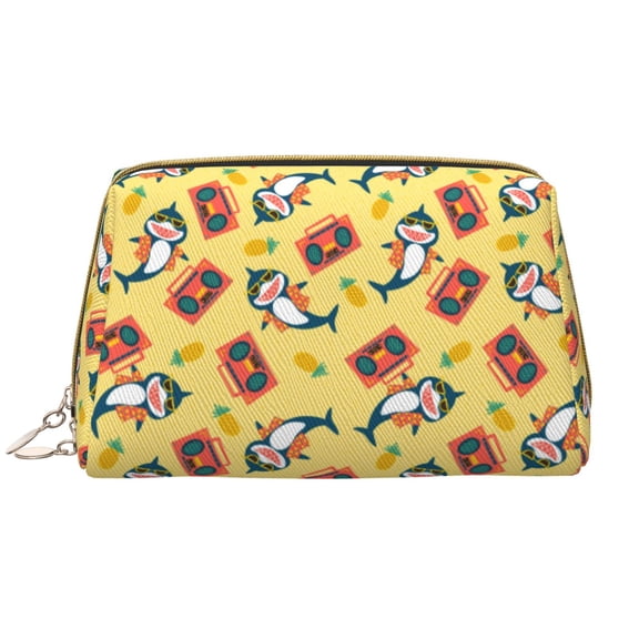 Rateoe Pineapples Sharks In Hawaiian for Travel Makeup Bag,Large Capacity Cosmetic Bags for Women,Waterproof Portable Pouch Open Flat Toiletry Bag Make up Organizer