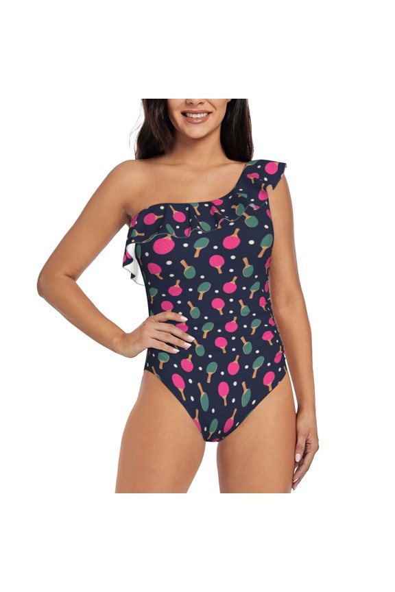 Ping Pong Rackets And Balls Pattern Women One Piece Swimsuits Tummy Control One Shoulder Bathing Suits Ruffle Swimwear-Medium